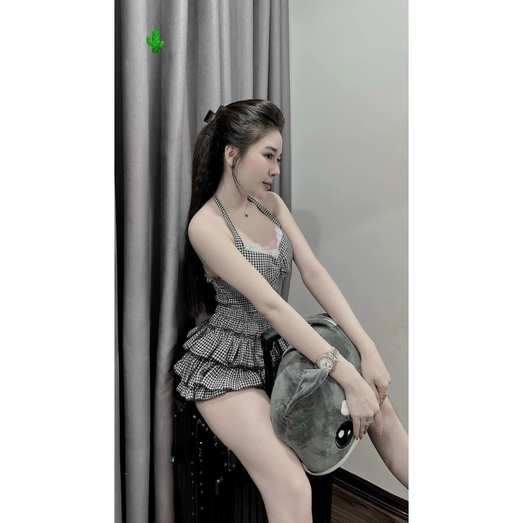 (KÉO SANG XEM ẢNH THẬT) Set áo yếm caro phối ren + cv 3 tầng (áo có bra, cv có lót)