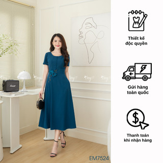 Đầm emy em7524 xoè xanh hoa vải