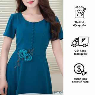 Đầm EMY EM7524 Xoè Xanh Hoa Vải