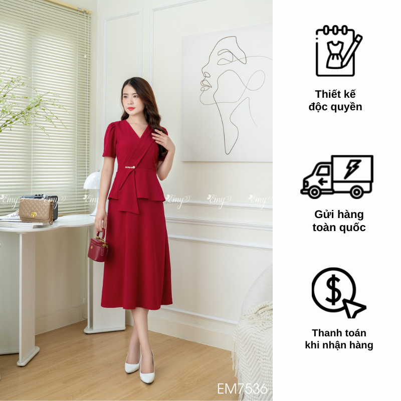 Đầm EMY EM7536 Xoè Đỏ Eo Peplum