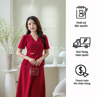 Đầm EMY EM7536 Xoè Đỏ Eo Peplum