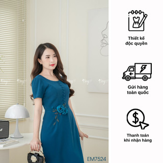 Đầm EMY EM7524 Xoè Xanh Hoa Vải