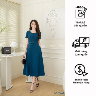 Đầm EMY EM7524 Xoè Xanh Hoa Vải