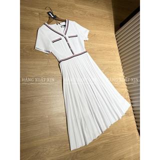 Đầm váy midi công sở TMY cổ tim xếp ly hàng xuất dư xịn