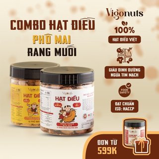 Combo Hạt điều Phô Mai & Hạt điều Rang Muối Vigonuts nguyên hạt hương vị thơm ngon giòn bùi đẫm vị Hộp 300g x 2