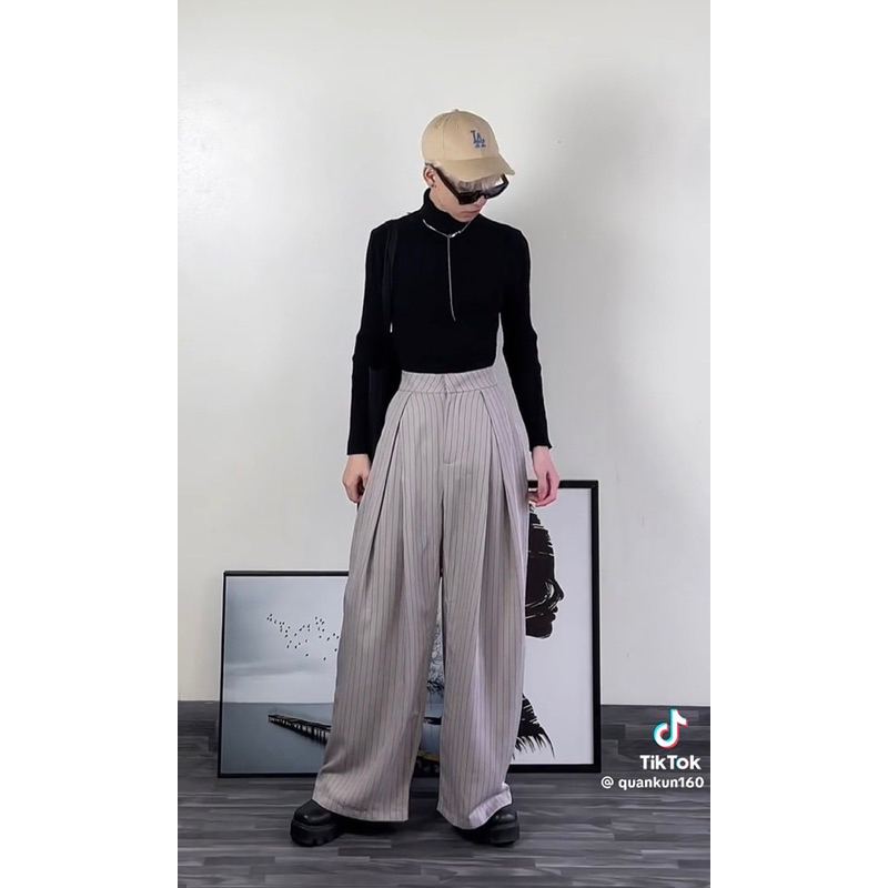 | HÌNH THẬT ĐỘC QUYỀN CUBEDLEMON | Quần ống siêu rộng ulzzang ly lệch phần lưng sọc | BigBuy360 - bigbuy360.vn