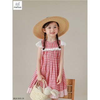 Đầm caro đỏ phối ren bé gái