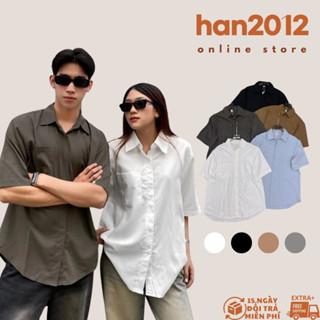 Áo Sơ Mi Trơn Che Cúc Dấu Khuy Phong Cách Basic Unisex Nam Nữ, Áo Sơmi Form Rộng Tay Ngắn Chất Vải Mát Thoải Mái