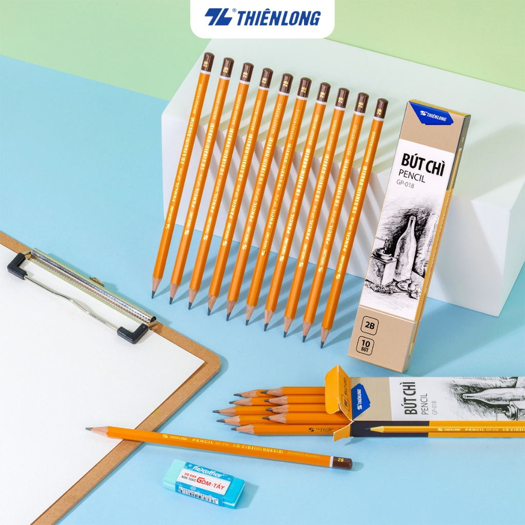 Combo 5 Bút chì gỗ Thiên Long GP018, 2B, đường kính 2mm, thân dạng hình lục giác, dễ cầm nắm khi viế