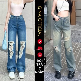 Quần Bò Jeans ống suông rộng nữ lưng cao phối Rách đùi gối cao cấp Avocado