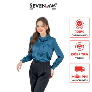 Áo sơ mi tay dài xanh cổ tim có dải nơ thời trang nữ Seven.AM H101123E