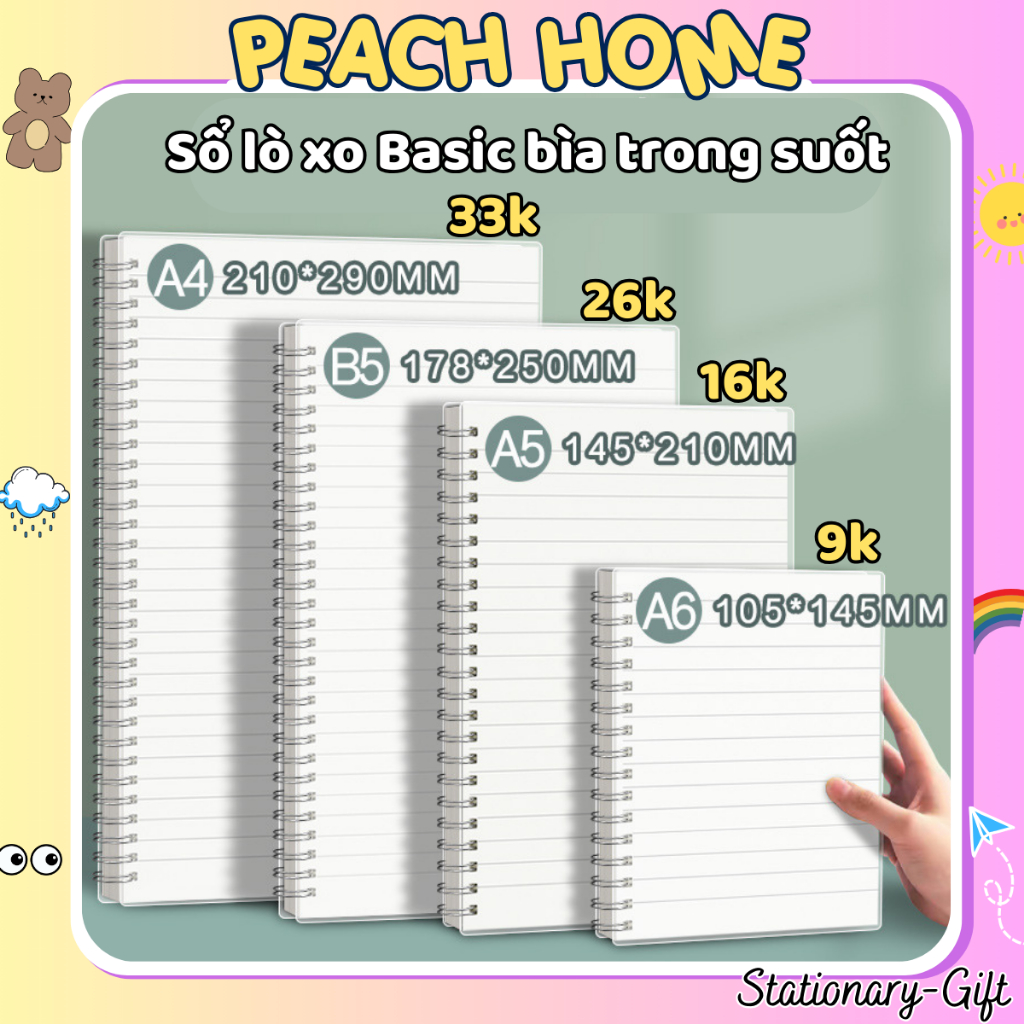 {Rẻ Nhất} Sổ Lò Xo Basic A7 A6 A5 B5 A4 160 Trang Kẻ Caro/Ngang/Trơn Bìa Trong Suốt Vở Tập Peach Home 1K Rẻ