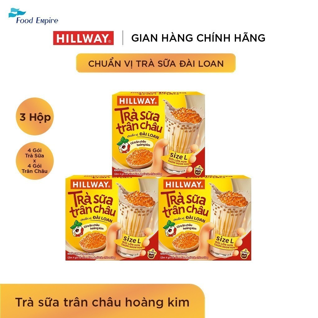 Combo 3 hộp Trà sữa trân châu Hoàng Kim - Hillway - Chuẩn vị Đài Loan (hộp 4 gói trà sữa)