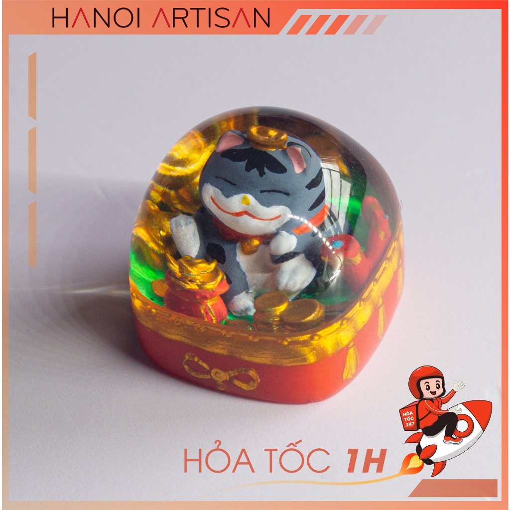 Keycap Artisan - Nút bàn phím cơ mèo thần tài xám dễ thương ( Xám )