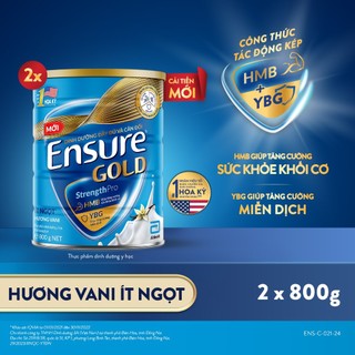 Combo 2 Lon Sữa bột Ensure Gold Abbott Hương Vani Ít Ngọt (HMB+YBG) 850g