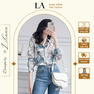 Áo sơ mi nữ lụa dài tay cao cấp công sở họa tiết tờ báo chữ, áo sơ mi họa tiết thiết kế TRANG TAY