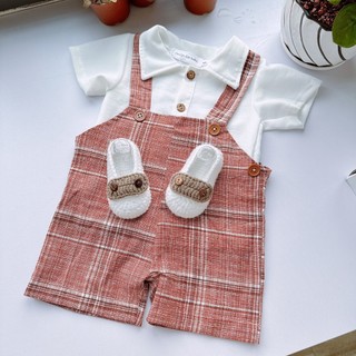 Set sơ mi yếm đỏ cho bé trai hằng hamdmade size 3-12kg