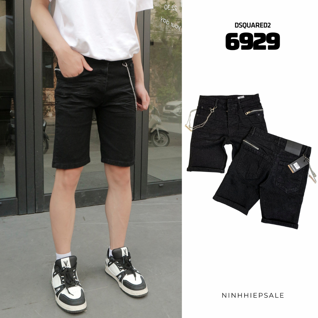 Quần short nam đen Dsquared2 trơn có dây DSQ2 bên hông, quần jean hàng Quảng Châu thoái mái chất den