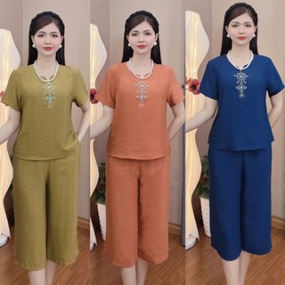 Bộ Đũi Lửng Thêu Hoa Tặng Bà Tặng mẹ sang trọng lịch sự