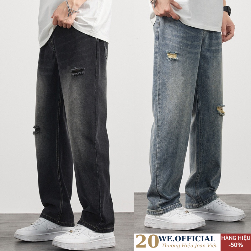 Quần jean rách gối nam đen wash smoke RG01 ống suông rộng dáng baggy Rách Đen Menswear Pants 20We