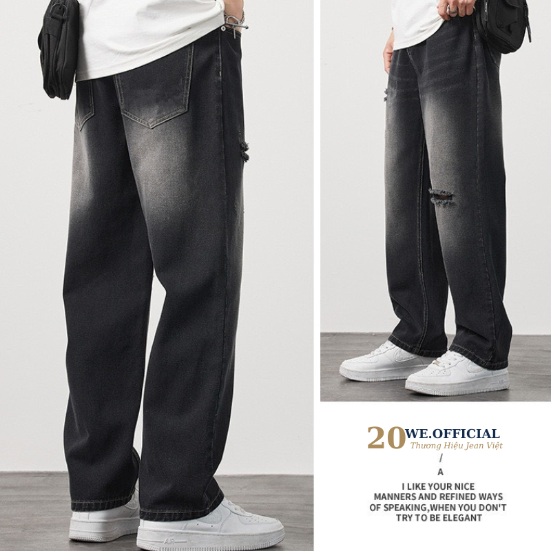 Quần jean rách gối nam đen wash smoke RG01 ống suông rộng dáng baggy Rách Đen Menswear Pants 20We