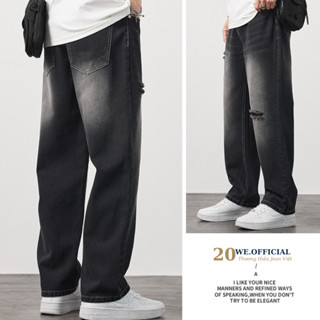Quần jean rách gối nam đen wash smoke RG01 ống suông rộng dáng baggy Rách Đen Menswear Pants 20We