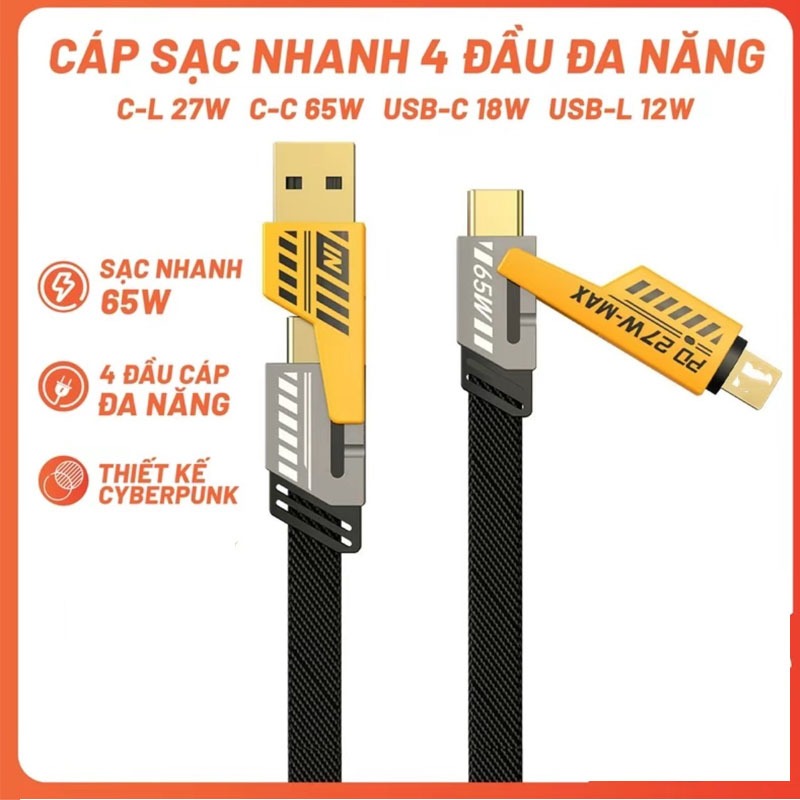 Dây cáp sạc nhanh 20W 4 trong 1 bọc dù 1 cổng 27w, 1 cổng 65w cho typ.e C 7plus x xsmax 11 12 13 14 