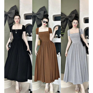 Đầm thun xòe tay ngắn cổ vuông dáng dài maxi 3 màu nu, đen, xám form 38-54kg