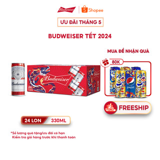 Thùng 24 Lon Bia Budweiser Sleek Can Chính Hãng (330ml/ lon) - Phiên Bản Tết 2024