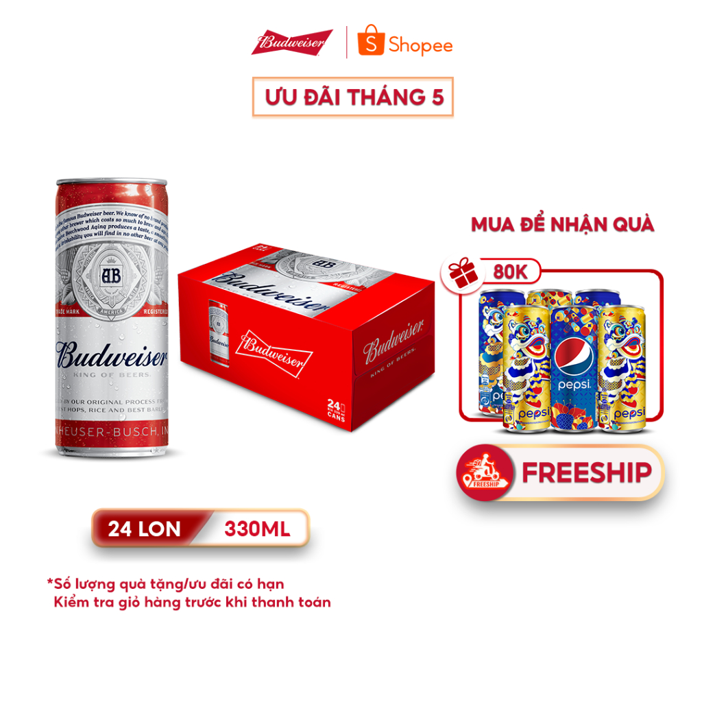 [FREESHIP] Thùng 24 Lon Bia Budweiser Chính Hãng (330ml/ lon) Date [01/2025]