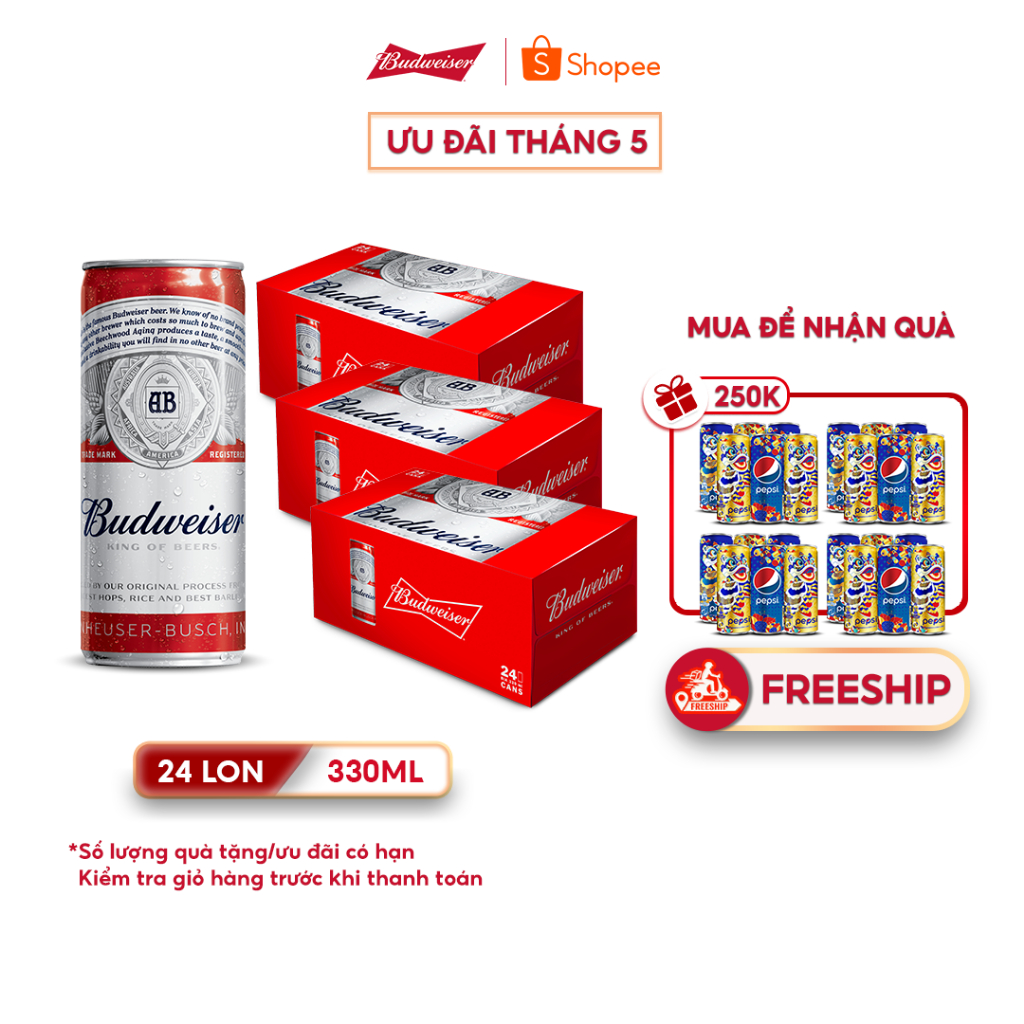 Combo 3 Thùng 24 Lon Bia Budweiser Chính Hãng (330ml/ lon) Date [01/2025]