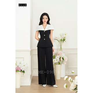 Set tay ngắn phối cổ chờm mix quần suông xếp ly