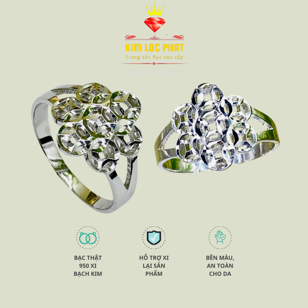 Nhẫn bạc nữ kim tiền hoa mai, Nhẫn nữ bạc xi bạch kim, Nhẫn ngón trỏ kiểu đồng tiền bạc xi vàng trắn