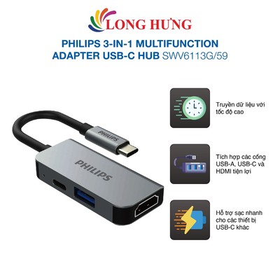 Cổng chuyển đổi Philips 3-in-1 Multifunction Adapter USB-C Hub SWV6113G/59 - Hàng chính hãng