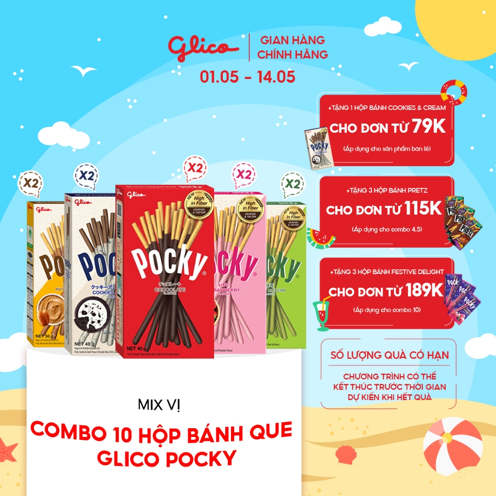 Combo 10 hộp Bánh que Glico Pocky nhiều vị (2 Socola - 2 Dâu - 2 Cookie &amp; Cream - 2 Matcha - 2 Double Choco)