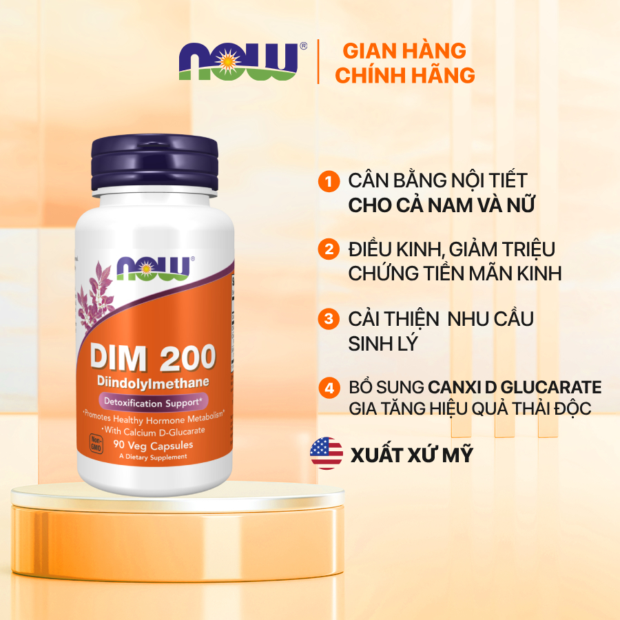 Viên uống cân bằng nội tiết Now DIM 200 with Calcium D-Glucarate hỗ trợ điều kinh, thải độc, sinh lý