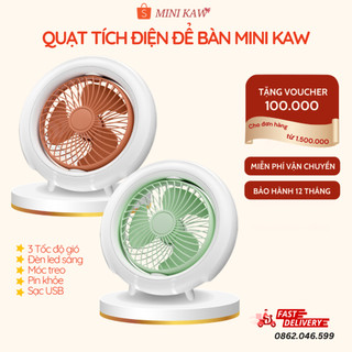 Quạt Tích Điện Mini KAW - Quạt Mini Tích Điện 3 Chế Độ, Đèn Led, Để Bàn, Cắm Trại, Treo Văn Phòng
