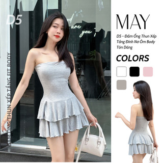 D5 - Đầm Ống Thun Xếp Tầng Đính Nơ Dáng Ngắn Ôm Body Tôn Dáng Trắng Đen Hồng Nữ Không Mút Ngực