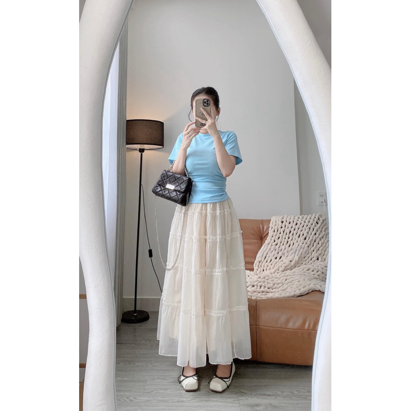SET ÁO THUN NHÍU EO KÈM CHÂN VÁY MIDI