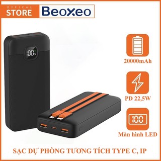 Sạc dự phòng 20000mAh sạc nhanh 22,5W tích hợp dây cáp 3 cổng ra tiện lợi sạc được cho Iphone Samsung Oppo PD02S