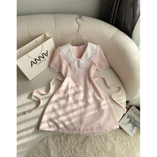 Đầm bố mềm phối cổ trắng đính nơ ren Anna - Tulin