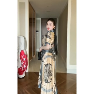 Váy thiết kế lụa dập ly họa tiết 3D