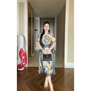 Váy thiết kế lụa dập ly họa tiết 3D