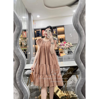 Váy suông tơ tầng cổ đá