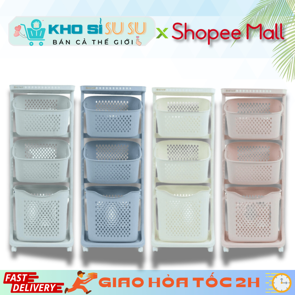 Kệ đựng đồ đa năng 3 tầng có bánh xe xoay 360 độ Việt Nhật -  Kệ Giỏ Nhựa 3 Tầng - Giao Màu Ngẫu Nhi