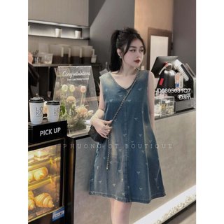 Đầm jean dáng suông họa tiết in nơ cổ tim sát nách! TOMBI SHOP (kèm hình thật)