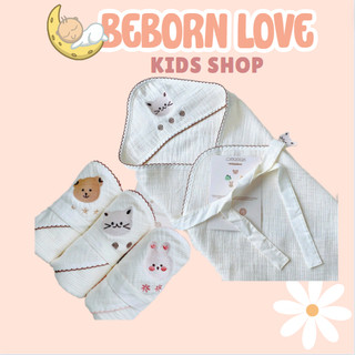 Choàng Ủ Xô Monona  BEBORN LOVE 3 Lớp Cao Cấp Có Mũ Thoáng Mát Mềm Mịn Cho Bé Sơ Sinh, Có Thể Dùng Làm Khăn Tắm