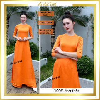 Áo dài cổ tròn tay lỡ màu cam đính ngọc lụa tây thi cao cấp loại 1 kiểu truyền thống giáo viên may sẵn - Áo dài Việt