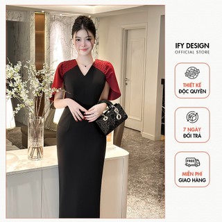 Váy dự tiệc dáng dài IFY Design thiết kế cổ v tay choàng đính đá cách điệu - VA0725