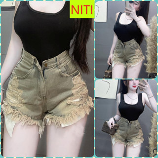   SOGE1549  QUẦN SHORT JEANS ĐÙI NỮ LƯNG CAO RÁCH CÀO MẢNG ĐÙI LAI TUA MÀU XANH BỤI VÀNG CỰC MÁT MẺ HOT HIT 